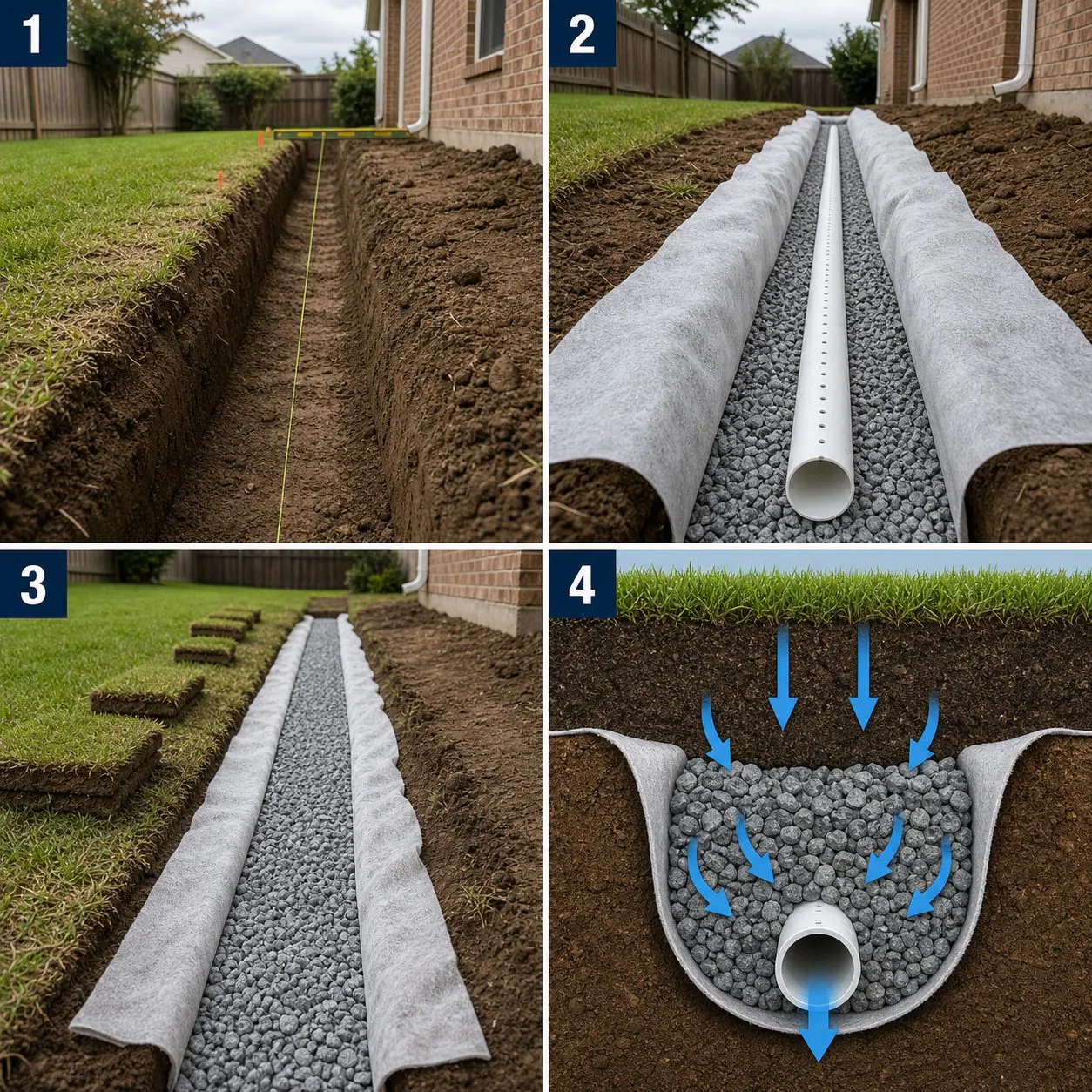 French drain installation and cross-section illustrating water moving through gravel to a pipe